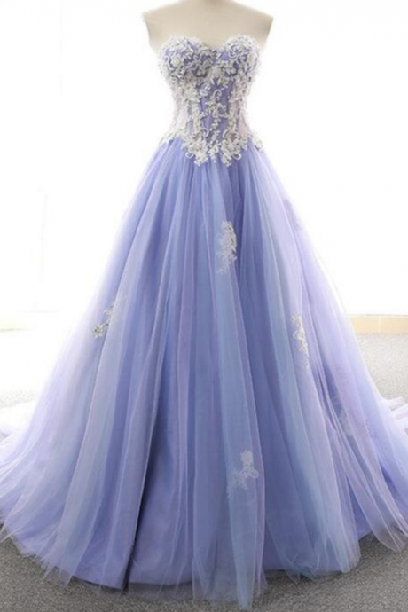 Light Blue Princess Tulle Prom Dress with Appliques Formal Evening Gown