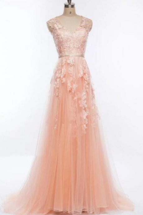 Pink Tulle Prom Dress Long with Appliques Formal Evening Gown