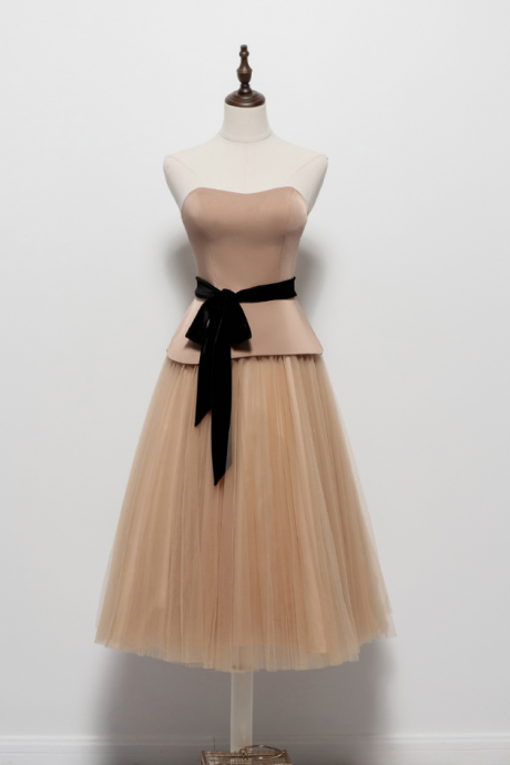 Champagne Homecoming dress with Black Sash Prom Dress Short Formal
