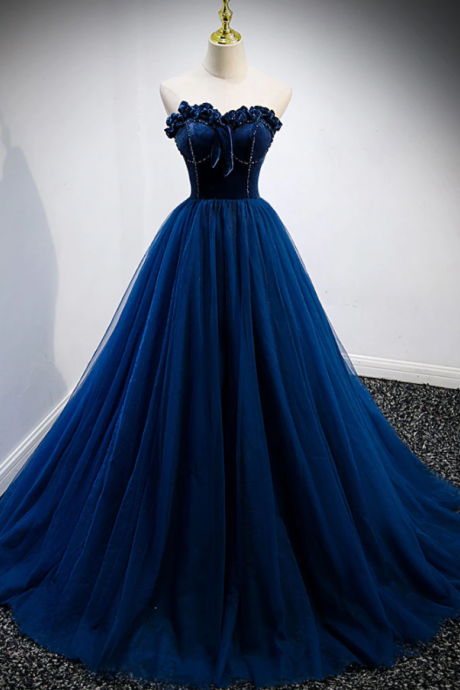Royal Blue Princess Tulle Prom Dress Strapless Formal Evening Gown