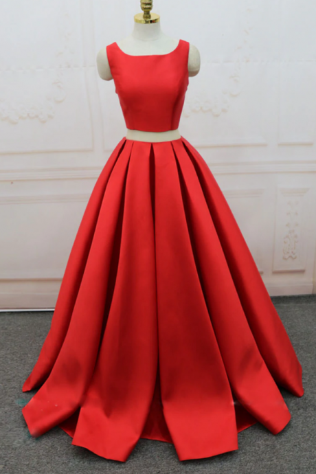 Simple Two Piece Satin Red Prom Dress Long Formal Evening Gown 2023