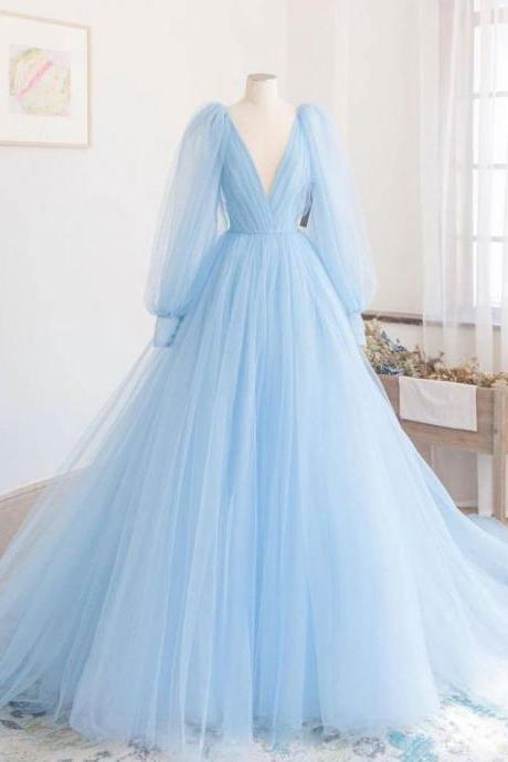 Fairy Light BlueTulle Princess Prom Dress Long Sleeves Formal Evening Gown