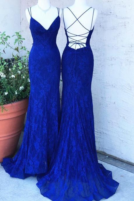 Royal Blue Lace Mermaid Prom Dress Backless Formal Evening Gown