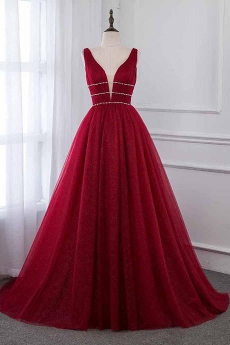 Burgundy Princess Tulle Prom Dress Open Back Formal Evening Gown