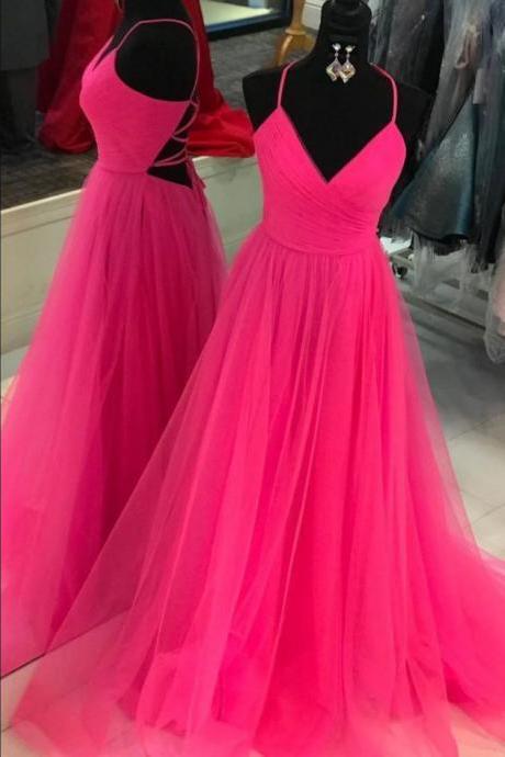 Watermelon Princess Tulle Prom Dress Backless Formal Evening Gown