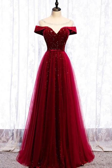 Burgundy Tulle Prom Dress Off the Shoulder Formal Evening Gown
