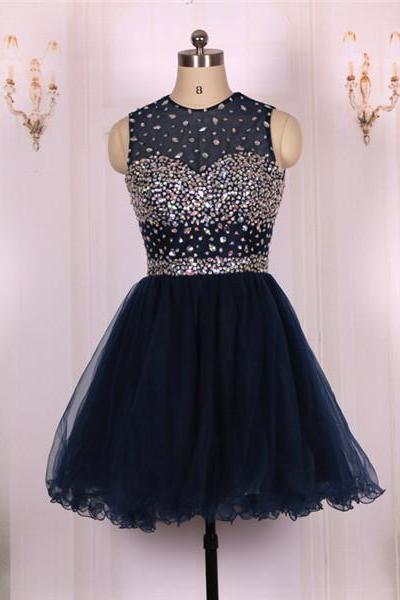 2016 New Cheap Ball Gown Beaded Navy Blue Tulle Short Prom Dresses Gowns, Formal Evening Dresses Gowns, Homecoming Graduation Cocktail Party Dresses Custom Plus size