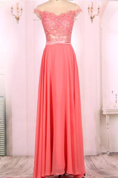 2016 Cap Sleeves Long Coral Pink Chiffon Lace Prom Dresses Gowns, Formal Evening Dresses Gowns, Homecoming Graduation Cocktail Party Dresses