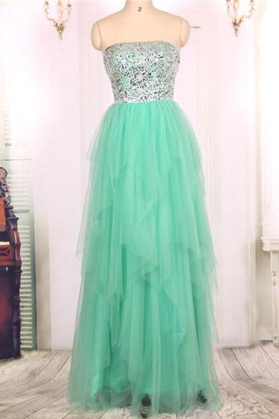 2016 Hot Sale Cheap Strapless Heavy Beaded Tulle Long Turquoise Prom Dresses Gowns, Formal Evening Dresses Gowns, Homecoming Graduation Cocktail Party Dresses Custom Plus size
