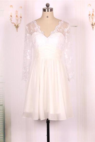 2016 A Line Short White Lace Long Sleeves Prom Dresses Gowns, Formal Evening Dresses Gowns, Homecoming Graduation Cocktail Party Dresses, Short