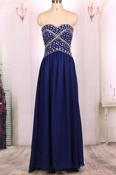 Sweetheart Beaded Embellished Royal Blue Long A-line Chiffon Dress - Prom Gowns, Evening Gown, Formal Gown