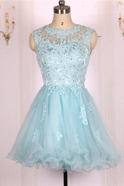 Sleeveless A-line Short Tulle Homecoming Dress with Lace Appliques