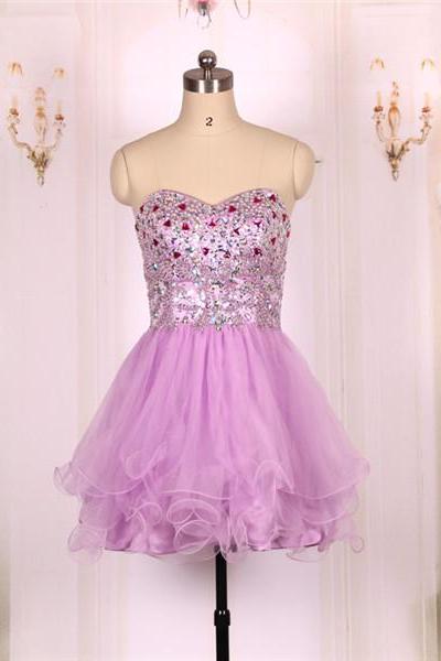 Ball Gown Sweetheart Beaded Purple Tulle Short Prom Dresses Gowns, Formal Evening Dresses Gowns, Homecoming Graduation Cocktail Party
