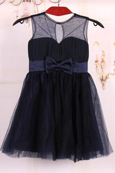 2016 Cheap A line Princess Knee Length Tulle Navy Blue Flower girl dresses with sash and bow,baby dress