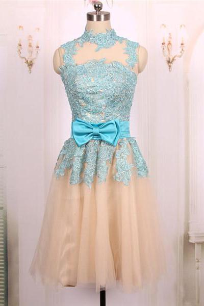 2016 Ball Gown High Neck Short Champagne Tulle Blue Lace Prom Dresses Gowns, Formal Evening Dresses Gowns, Homecoming Graduation Cocktail Party