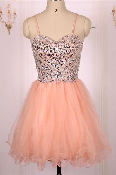 Ball Gown Sweetheart Heavy Beaded Tulle Coral Short Prom Dresses Gowns With Spaghetti Straps, Formal Evening Dresses Gowns, Homecoming