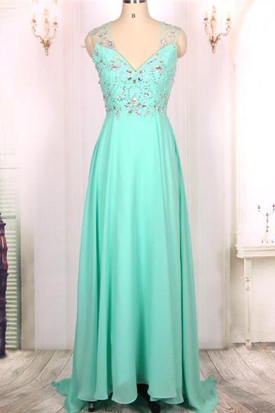 Hot Sale Cheap A line V neck Ice Blue Beaded Long Sexy Backless Prom Dresses Gowns 2016,Formal Evening Dresses Gowns, Homecoming Graduation Cocktail Party Dresses Custom Plus size