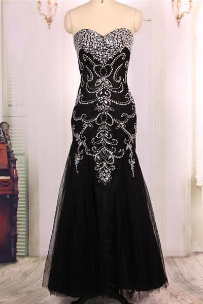 Sweetheart Heavy Beaded Black Long Mermaid Prom Dresses Ball Gowns 2016, Formal Evening Dresses Gowns, Homecoming Graduation Cocktail Party Dresses Custom Plus size