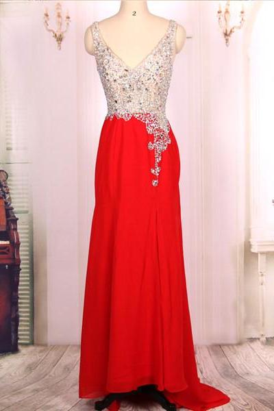 V Neck Heavy Beaded Red Open Back Long Prom Dresses Ball Gowns 2016, Formal Evening Dresses Gowns, Homecoming Graduation Cocktail Party Dresses