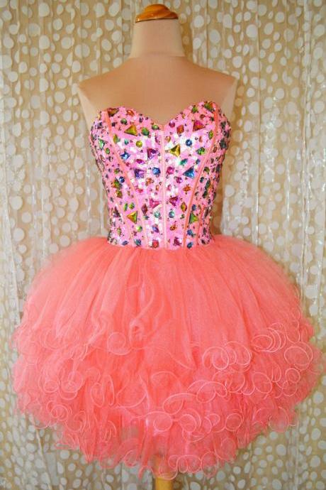 2016 Cheap Ball Gown Sweetheart Beaded Tulle Coral Pink Short Prom Dresses Gowns, Formal Evening Dresses Gowns, Homecoming Graduation Cocktail Party Dresses,Custom Plus size