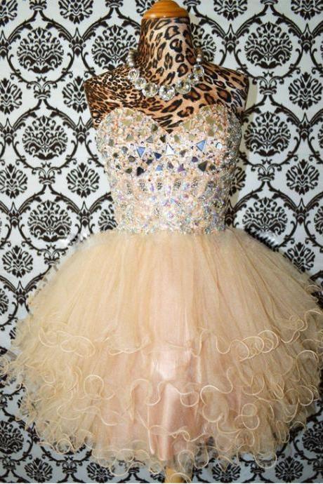 2016 Ball Gown Sweetheart Beaded Tulle Champagne Short Prom Dresses Gowns, Formal Evening Dresses Gowns, Homecoming Graduation Cocktail Party