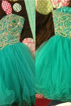 2016 Ball Gown Sweetheart Beaded Tulle Short Turquoise Prom Dresses Gowns, Formal Evening Dresses Gowns, Homecoming Graduation Cocktail Party