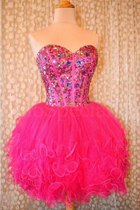 2016 Cheap Ball Gown Sweetheart Beaded Tulle Hot Pink Short Prom Dresses Gowns, Formal Evening Dresses Gowns, Homecoming Graduation Cocktail Party Dresses,Custom Plus size