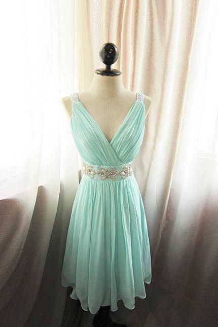 Custom A Line V Neck Beaded Sash Chiffon Short Blue Prom Dresses Gowns 2016,formal Evening Dresses Gowns, Homecoming Graduation Cocktail Party