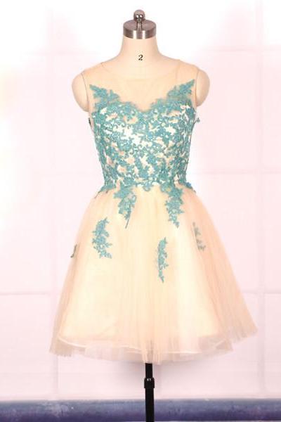 Champagne A-line Tulle Short Prom Dress With Turqoise Lace Appliqué