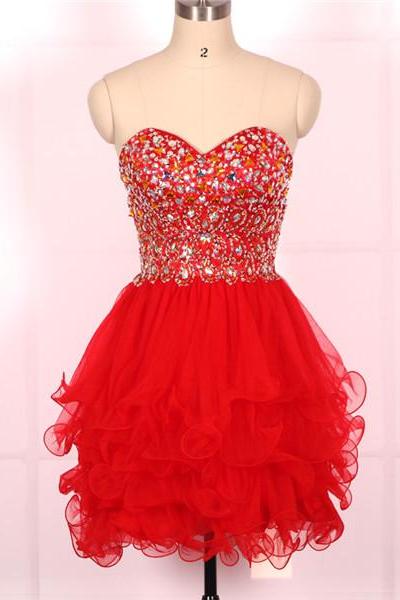 Custom Ball Gown Sweetheart Beaded Tulle Red Short Prom Dresses Gowns 2016, Formal Evening Dresses Gowns, Homecoming Graduation Cocktail Party