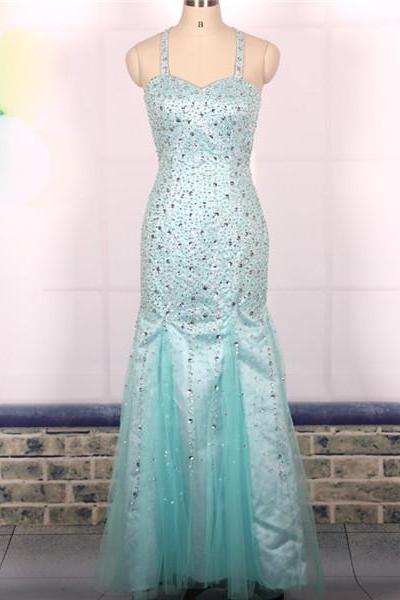 Custom Ball Gown Heavy Beaded Sexy Backless Blue Long Mermaid Prom Dresses Gowns 2016, Formal Evening Dresses Gowns, Homecoming Graduation