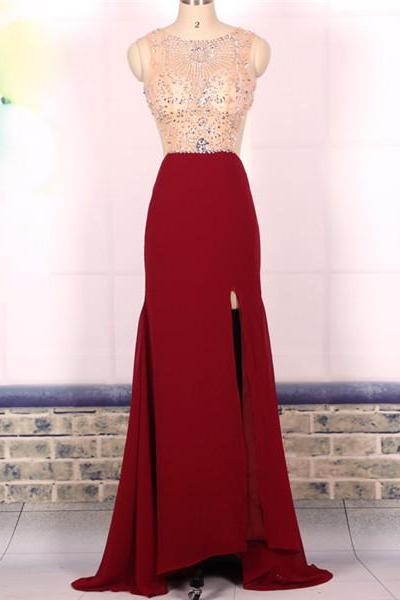 Custom Ball Gown Beaded Sexy Backless Wine Red Long Prom Dresses Gowns 2016, Formal Evening Dresses Gowns, Homecoming Graduation Cocktail Party
