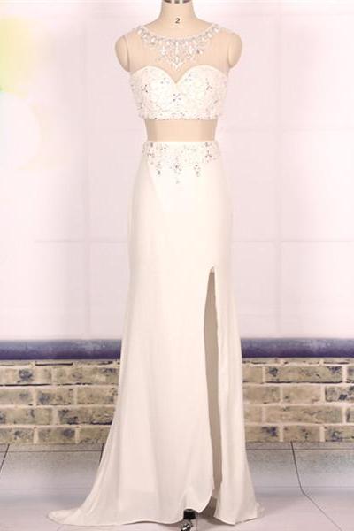 Custom Cheap A line Beaded Long Ivory 2 Two Pieces Prom Dresses 2016, Formal Evening Dresses Gowns, Homecoming Graduation Cocktail Party Dresses, Holiday Dresses, Plus size