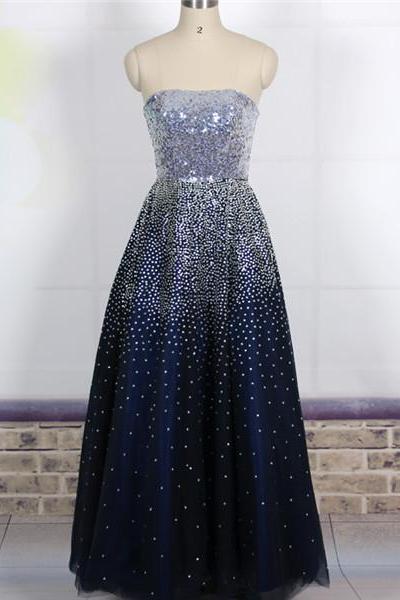 Custom Ball Gown Strapless Bling Bling Long Navy Blue Prom Dresses Gowns 2016,formal Evening Dresses Gowns, Homecoming Graduation Cocktail Party