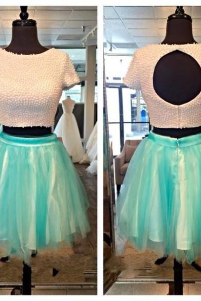 Custom Cheap A line Ball Gown Pearls Beaded Short Turquoise 2 Two Pieces Prom Dresses 2016 with Short Sleeves, Formal Evening Dresses Gowns, Homecoming Graduation Cocktail Party Dresses, Holiday Dresses, Plus size