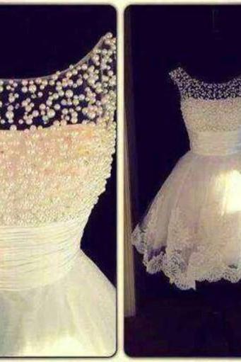 Custom Cheap Ball Gown Pearls Short Lace White Prom Dresses Gowns 2016, Formal Evening Dresses Gowns, Homecoming Graduation Cocktail Party Dresses, Holiday Dresses, Plus size