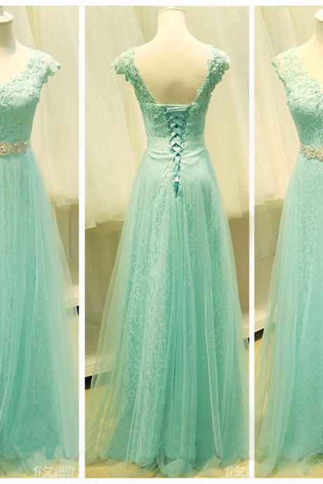 Custom Cheap Cap Sleeves Mint Green Lace Long Prom Dresses Gowns 2016, Formal Evening Dresses Gowns, Homecoming Graduation Cocktail Party Dresses, Holiday Dresses, Plus size