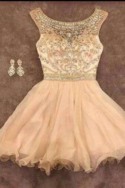 Custom Beaded Round Neck Low Back Short Tulle Champagne Prom Dresses Gowns 2016 , Formal Evening Dresses Gowns, Homecoming Graduation Cocktail