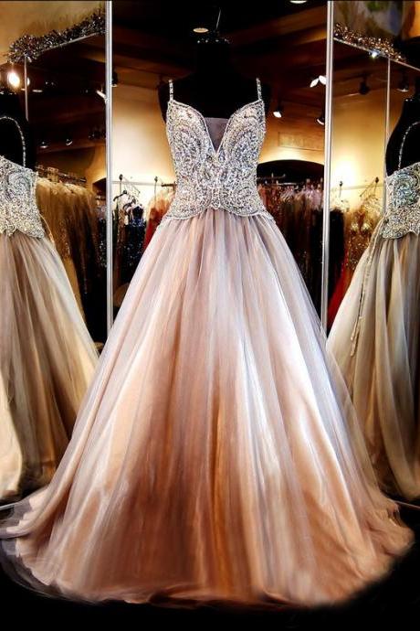Spaghetti Straps Heavy Beaded Champagne Prom Dress, Long Prom Dress, Tulle Prom Dress, Prom Dress 2017, Affordable Prom Dress, Junior Prom Dress,Formal Evening Dresses Gowns, Homecoming Graduation Cocktail Party Dresses, Holiday Dresses, Plus size