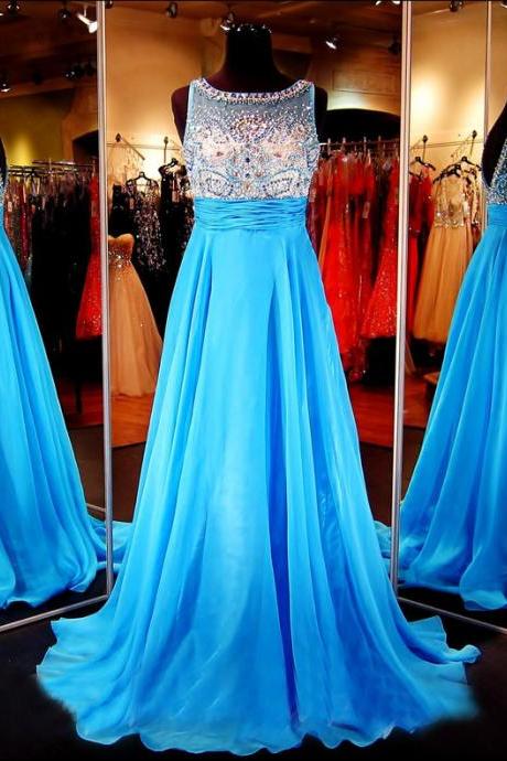 Custom Heavy Beaded Low Back Blue Prom Dress, Long Prom Dress, Chiffon Prom Dress, Prom Dress 2023, Affordable Prom Dress, Junior Prom