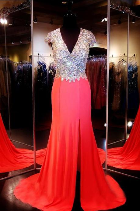Custom Heavy Beaded Cap Sleeves V Neck Open Back Red Prom Dresses, Long Prom Dress, Mermaid Prom Dress, Prom Dress 2017, Affordable Prom Dress,