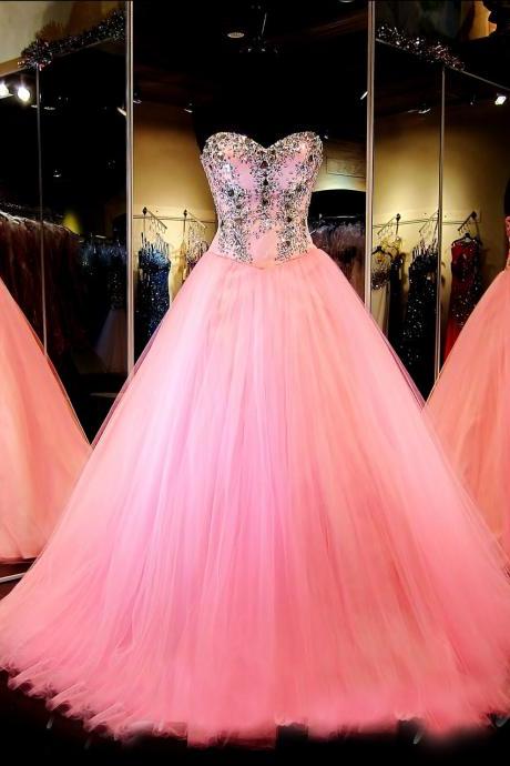 Custom Sweetheart Beaded Ball Gown Tulle Pink Prom Dresses, Long Prom Dress, Cheap Prom Dress, Prom Dress 2017, Affordable Prom Dress, Junior Prom Dress,Formal Evening Dresses Gowns, Homecoming Graduation Cocktail Party Dresses, Holiday Dresses, Plus size