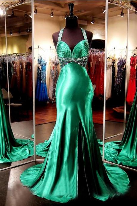 Custom Halter Beaded Satin Green Prom Dresses, Long Mermaid Prom Dress, Prom Dress, Prom Dress 2017, Affordable Prom Dress, Junior Prom