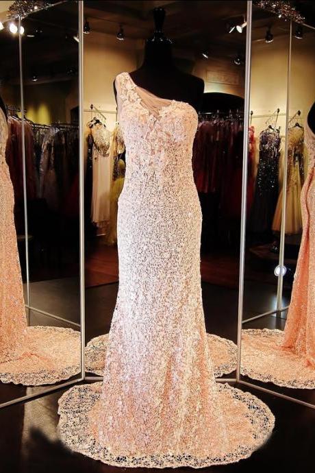 Custom Cheap One Shoulder Champagne Lace Prom Dresses, Long Mermaid Prom Dresses, Dresses for Prom, Prom Dress 2017, Affordable Prom Dress, Junior Prom Dress,Formal Evening Dresses Gowns, Homecoming Graduation Cocktail Party Dresses, Holiday Dresses, Plus size