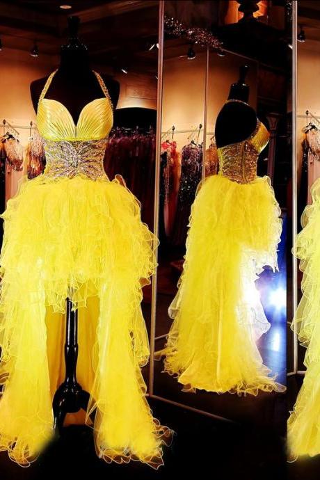 Custom Cheap Halter Beaded Tulle High Low Yellow Prom Dresses, Prom Gowns, Dresses for Prom, Prom Dress 2017, Affordable Prom Dress, Junior Prom Dress,Formal Evening Dresses Gowns, Homecoming Graduation Cocktail Party Dresses, Holiday Dresses, Plus size