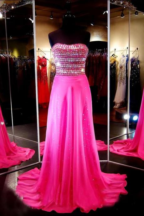 Custom Sparkle Strapless Beaded Chiffon Long Hot Pink Prom Dresses, Prom Gowns, Dresses for Prom, Prom Dress 2017, Affordable Prom Dress, Junior Prom Dress,Formal Evening Dresses Gowns, Homecoming Graduation Cocktail Party Dresses, Holiday Dresses, Plus size