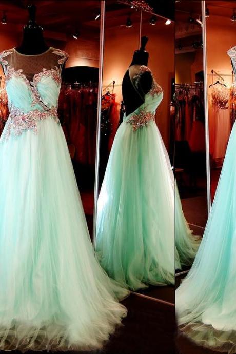 Custom Cap Sleeves Open Back Beaded Tulle Long Aqua Prom Dresses, Prom Gowns, Dresses for Prom, Prom Dress 2017, Affordable Prom Dress, Junior Prom Dress,Formal Evening Dresses Gowns, Homecoming Graduation Cocktail Party Dresses, Holiday Dresses, Plus size