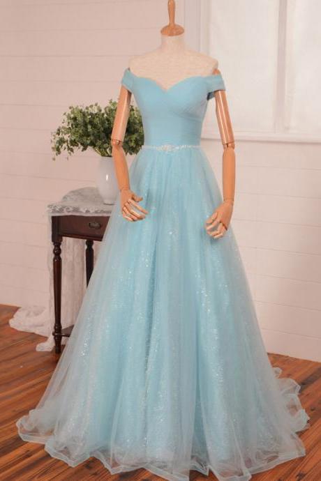 Custom A Line Sweetheart Off The Shoulder Tulle Long Light Blue Prom Dresses Gowns 2016 Evening Dresses, Formal Dress, Graduation Party Dress