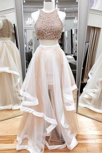 Custom Sexy Beaded Champagne 2 Two Pieces Prom Dresses, Prom Gowns, Dresses For Prom, Prom Dress 2016, Affordable Prom Dress, Junior Prom