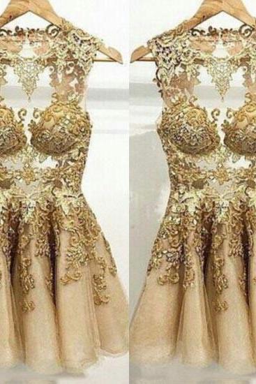 Gold Prom Dress,short Prom Dress,tulle Prom Dress,see Through Prom Dress,lace Prom Dress,gold Evening Dress, Short Evening Dress,formal Dress,
